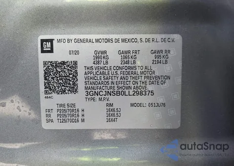 2020 Chevrolet Trax Awd Ls из США, поврежденный, VIN 3GNCJNSB0LL298375